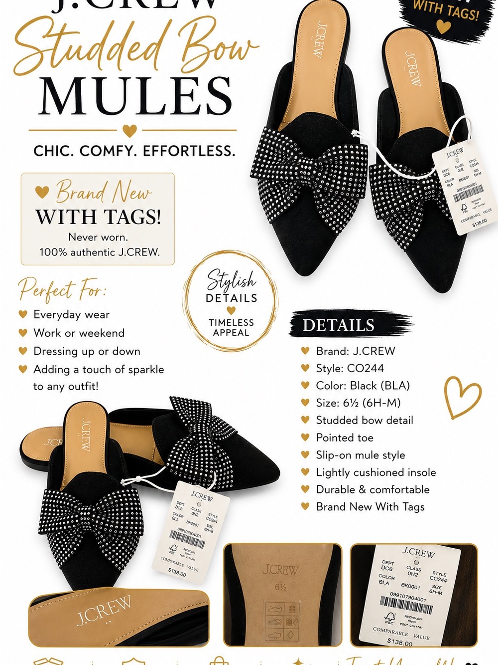 J. Crew Black Studded Bow Pointed Mule Slides